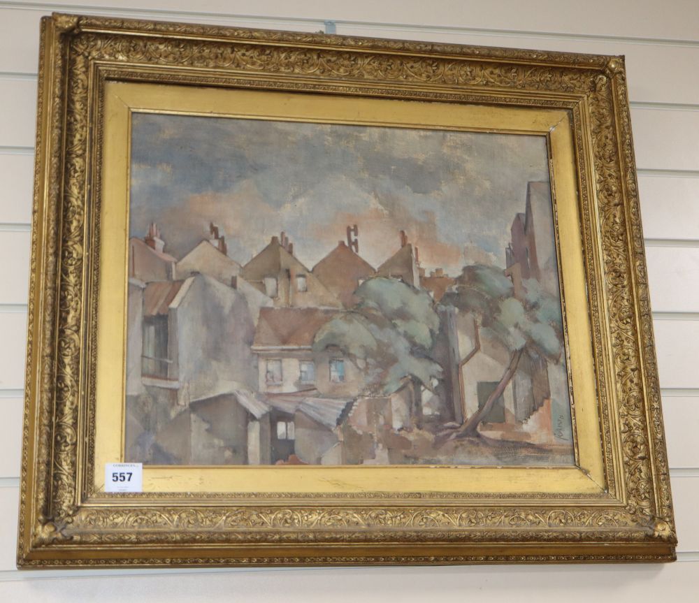 F. Everett, oil on board, View of houses, signed and dated 51, 42 x 52cm